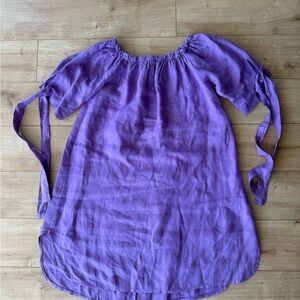 Moda Cabo Purple 100% Linen Mini Dress Womens Off Shoulder Tie Sleeve Boho